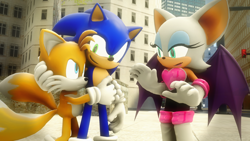 Size: 1920x1080 | Tagged: safe, artist:shadamyfan4evers, miles "tails" prower, rouge the bat, sonic the hedgehog, bat, fox, hedgehog, 3d, angry, blue eyes, blue fur, frown, gay, holding each other, jealously, large ears, looking at each other, sfm, shipping, shocked, small ears, smile, sonic x tails, station square, trio, two tails, white fur, yellow fur
