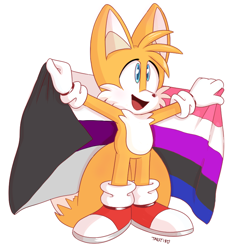 Size: 746x803 | Tagged: safe, artist:devotedsidekick, miles "tails" prower, fox, black bands, blue eyes, cute, demisexual pride, flag, genderfluid pride, gloves, happy, headcanon, large ears, mouth open, pride, red shoes, signature, simple background, sneakers, socks, solo, tailabetes, two tails, white background, white fur, white gloves, white socks, white tipped shoes, white tipped tail, yellow fur