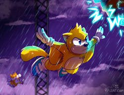 Size: 1200x927 | Tagged: safe, artist:raizy, miles "tails" prower, ray the flying squirrel, flying squirrel, fox, squirrel, sonic mania, blue eyes, blue shoes, clouds, electricity, fluffy, flying battery zone, frown, gloves, nighttime, one fang, rain, red shoes, signature