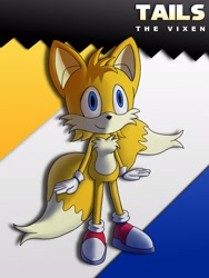 Size: 1536x2048 | Tagged: safe, artist:16esn, miles "tails" prower, fox, abstract background, blue bands, blue eyes, gender swap, gloves, looking offscreen, red shoes, sneakers, socks, solo, two tails, white fur, white gloves, white socks, white tipped shoes, white tipped tail, yellow fur