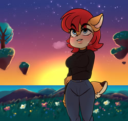Size: 1280x1213 | Tagged: safe, artist:koshhhata, sally acorn, floating, flower, looking up, solo, standing, star (sky), sunset, sweater