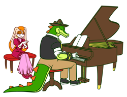 Size: 1280x980 | Tagged: safe, artist:alexthebordercollie, vanilla the rabbit, vector the crocodile, piano, playing music, sitting