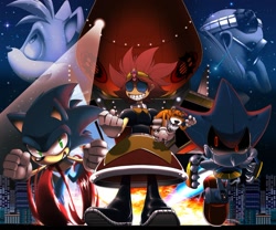 Size: 1280x1067 | Tagged: safe, metal sonic, miles "tails" prower, robotnik, sonic the hedgehog, tails doll, oc, oc:eggette, cityscape, egg fleet, nighttime, running