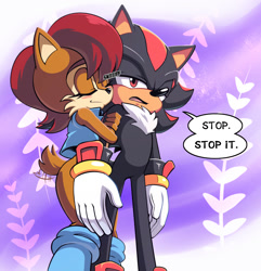 Size: 1443x1500 | Tagged: safe, artist:hyoumaru, sally acorn, shadow the hedgehog, hedgehog, dialogue, duo, holding arm, lavender, shadow is not amused, shipping denied, speech bubble, standing, straight, unamused