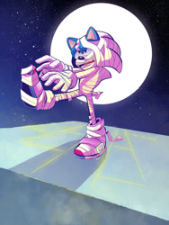Size: 960x1280 | Tagged: safe, artist:princesssalty, sonic the hedgehog, looking up, moon, mummy outfit, nighttime, open mouth, solo, standing on one leg, star (sky)