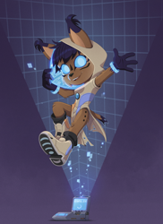 Size: 874x1200 | Tagged: safe, artist:penciltusks, nicole the handheld, nicole the hololynx, knothole team, digital static, hoodie, leaping, redesign, solo