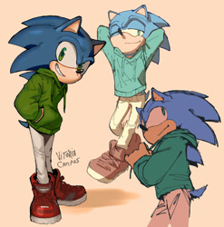 Size: 1280x1295 | Tagged: safe, artist:vitoriacampos, sonic the hedgehog, hoodie, looking offscreen, solo, wink