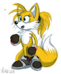 Size: 818x1000 | Tagged: source needed, safe, artist:nikki, miles "tails" prower, fox, black gloves, black shoes, cute, eyelashes, fluffy, gender swap, happy, ponytail, signature, simple background, smile, sneakers, solo, tailabetes, two tails, white background, white fur, white tipped tail, yellow fur