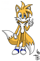 Size: 441x674 | Tagged: safe, artist:taeko, miles "tails" prower, blue shoes, eyelashes, gender swap, hair over one eye, happy, looking at viewer, mobius.social exclusive, pointing, signature, simple background, smile, sneakers, solo, two tails, white background, white fur, white gloves, white socks, white tipped shoes, white tipped tail, yellow fur