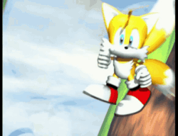 Size: 582x446 | Tagged: safe, miles "tails" prower, fox, sonic heroes, 3d, animated, black bands, edit, flying, gif, gloves, red shoes, smile, solo, thumbs up, transparent, two tails, white fur, white gloves, white socks, white tipped shoes, white tipped tail, yellow fur