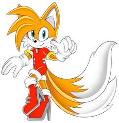 Size: 994x1024 | Tagged: artist needed, source needed, safe, miles "tails" prower, assistant tails, bodysuit, edit, evil, evil tails, gender swap, gloves, hair over one eye, heels, high heels, modern style, red bodysuit, red clothes, red heels, red shoes, red suit, ring, simple background, smile, solo, two tails, uekawa style, white background, white fur, white gloves, white socks, white tipped tail, yellow fur, zip