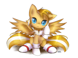 Size: 1191x900 | Tagged: safe, artist:nika191319, miles "tails" prower, black bands, crossover, cute, gloves, my little pony, pegasus, ponified, pony, red shoes, shiny, signature, simple background, sitting, smile, sneakers, solo, tailabetes, transparent background, two tails, white gloves, white socks, white tipped shoes, wings, yellow fur, yellow mane, yellow tail, zip