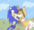 Size: 640x582 | Tagged: safe, artist:cualquierpersona, miles "tails" prower, sonic the hedgehog, hedgehog, belt, blue clothes, blue fur, blushing, brown shorts, clouds, cute, duo, eyelashes, gender swap, goggles, grass, green eyes, green skirt, kiss, kitsune, lesbian, peach fur, red shoes, shipping, shirt, shorts, skirt, small ears, sneakers, sonic boom (tv), sonic x tails, white fur, white gloves, white socks, white tipped shoes, white tipped tail, wink, yellow fur