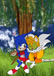 Size: 1000x1409 | Tagged: safe, artist:cualquierpersona, miles "tails" prower, sonic the hedgehog, fox, hedgehog, bandana, belt, blushing, bodysuit, book, chili dog, clouds, cute, eyes closed, gloves, goggles, grass, hair over one eye, happy, heart, leaning, lesbian, peach fur, shipping, shirt, shorts, sleeping, smile, socks, sonic boom (tv), sonic x tails, tree, under a tree, white fur, white tipped shoes, white tipped tail, yellow fur, zzz