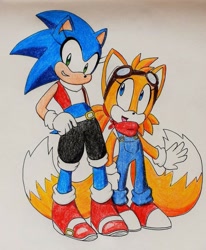 Size: 811x984 | Tagged: safe, artist:kyannmaple, miles "tails" prower, sonic the hedgehog, hedgehog, belt, black shorts, blue clothes, blue fur, boots, buckle, cute, duo, eyelashes, gender swap, gloves, goggles, green eyes, happy, lesbian, red boots, shipping, shirt, shorts, simple background, small ears, smile, sneakers, socks, sonic x tails, two tails, white background, white gloves, white socks, white tipped shoes, white tipped tail, yellow fur