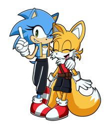 Size: 1280x1487 | Tagged: safe, artist:heytherebabu, miles "tails" prower, sonic the hedgehog, hedgehog, arm on shoulder, belt, black pants, black shorts, blue fur, blue jacket, cute, duo, eyelashes, eyes closed, gender swap, gloves, green eyes, happy, jacket, kitsune, lesbian, looking at viewer, outline, pants, pointing, red shirt, shipping, shirt, side hug, simple background, small ears, smile, sneakers, sonic x tails, transparent background, white fur, white gloves, white socks, white tipped shoes, white tipped tail, wink, yellow fur