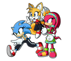 Size: 2100x1800 | Tagged: safe, artist:heytherebabu, knuckles the echidna, miles "tails" prower, sonic the hedgehog, echidna, hedgehog, sonic heroes, belt, black pants, black shorts, blue fur, blue jacket, buckle, crop top, eyelashes, flying, frown, gender swap, gloves, green eyes, green socks, jacket, knuxie, knuxie the echidna, looking offscreen, outline, pants, peach fur, pointing, purple eyes, red fur, red shirt, red shoes, shirt, shorts, simple background, skirt, smile, sneakers, socks, sonica heroes, team sonic, team sonica, thumbs up, transparent background, trio, wall of tags, white fur, white socks, white tipped shoes, white tipped tail, yellow fur