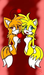 Size: 750x1280 | Tagged: safe, artist:classicsonic06, miles "tails" prower, tails doll, abstract background, black bands, edit, every tail has two sides, evil, evil tails, evil vs good, eyelashes, frown, gender swap, gloves, hair over one eye, happy, headlight, kitsune, lidded eyes, light, looking offscreen, no shading, orange fur, red eyes, shiny, signature, smile, stitches, tails is not amused, torch, two sides, two tails, white fur, white gloves, white tipped tail, yellow fur