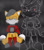 Size: 800x900 | Tagged: safe, artist:jessspeedster, miles "tails" prower, miles (anti-mobius), fox, abstract background, angry, anti-mobius, arms behind back, boots, collar, every tail has two sides, evil, evil tails, frown, grey collar, grey hair, grey tipped shoes, kitsune, looking offscreen, red boots, red eyes, red shirt, red shoes, signature, solo, two tails, white fur, white tipped tail, yellow fur