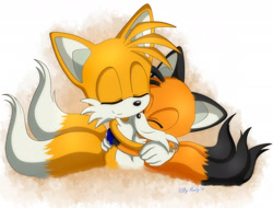 Size: 1900x1442 | Tagged: safe, artist:montyth, miles "tails" prower, oc, oc:tony the fox, fox, abstract background, black fur, black tipped ear, black tipped tail, blue gloves, canon x oc, cute, eyes closed, gloves, hugging, incest, large ears, orange fur, shipping, signature, smile, tailabetes, three tails, two tails, white fur, white gloves, yellow fur
