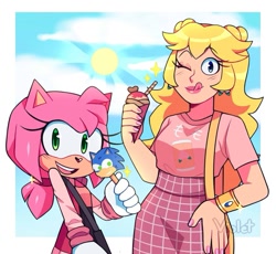 Size: 835x767 | Tagged: safe, artist:violetmadness7, amy rose, hedgehog, human, sonic the ice cream, daytime, duo, princess peach