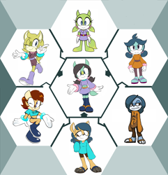 Size: 1880x1954 | Tagged: safe, artist:the hidden palace, oc, oc:bait the betta, oc:bump the deer, oc:sage the sloth, group, hexafusion, looking at viewer, wink