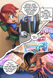 Size: 1360x2000 | Tagged: safe, artist:glitcher, breezie the hedgehog, nicole the hololynx, renfield the rodent, sally acorn, ads, chaos emerald, comic, computer, dialogue, eggman empire logo, ring