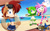 Size: 1024x640 | Tagged: safe, artist:kojiro-brushard, amy rose, big the cat, cosmo the seedrian, sally acorn, beach, building, clouds, daytime, emerald coast, fishing, fishing pole, glasses, holding something, looking at viewer, looking back, looking back at viewer, loop, open smile, rally 4 sally, sand, smile, smiling at viewer, standing on one leg, swimsuit, trio focus, water, waving, waving at viewer