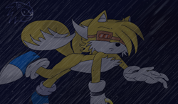 Size: 1280x752 | Tagged: safe, artist:taeko, miles "tails" prower, fox, blue shoes, flying, frown, gloves, goggles, hair over one eye, looking offscreen, mobius.social exclusive, nighttime, rain, ring, small ears, socks, solo, spinning tails, white gloves