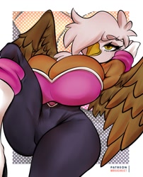 Size: 969x1200 | Tagged: suggestive, barely sonic related, crossover, gilda, hair over one eye, huge breasts, lying down, my little pony, outfit swap, rouge's heart top