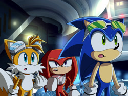 Size: 1000x750 | Tagged: safe, artist:y-firestar, knuckles the echidna, miles "tails" prower, sonic the hedgehog, echidna, fox, hedgehog, blue eyes, blue fur, fake screenshot, glasses, gloves, goggles, green eyes, looking offscreen, metal city, mouth open, purple eyes, red fur, shocked, sonic riders, sonic x style, two tails, white gloves, yellow fur