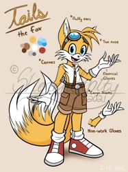 Size: 2048x2732 | Tagged: safe, artist:sherendipity, miles "tails" prower, belt, ear fluff, electrical gloves, fangs, gloves, goggles, red shoes, redesign, shorts, signature, simple background, socks, solo, tan nose, two tails, watermark, white gloves, white socks, yellow fur