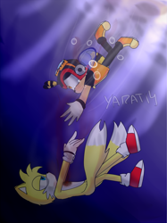 Size: 774x1037 | Tagged: semi-grimdark, artist:yarat14, charmy bee, miles "tails" prower, blood, bubbles, chaails, drowning, duo, goggles, jacket, lidded eyes, light, pilot hat, sad, signature, sinking, swimming, two tails, underwater