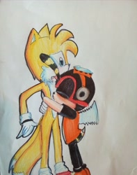 Size: 1560x1979 | Tagged: safe, artist:yarat14, charmy bee, miles "tails" prower, blushing, chaails, charmabetes, cute, duo, eyes closed, fangs, gay, goggles, hugging, pilot hat, shipping, shocked, size difference, surprise hug, surprised, tailabetes, traditional media, two tails, wings, wings flapping