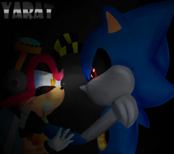 Size: 1280x1130 | Tagged: semi-grimdark, artist:yarat14, charmy bee, metal sonic, angry, black background, black sclera, bleeding, bleeding from mouth, blood, clenched teeth, crying, evil vs good, goggles, lidded eyes, looking at each other, nosebleed, pain, pilot hat, red eyes, robot, scratching, simple background
