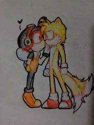 Size: 3120x4160 | Tagged: safe, artist:yarat14, charmy bee, miles "tails" prower, arm behind back, blushing, chaails, charmabetes, cute, english text, fluffy, gay, gay panic, gloves, goggles, hand on cheek, heart, looking at each other, pilot hat, red shoes, shipping, shrunken pupils, socks, surprised, tailabetes, traditional media, two tails