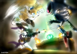 Size: 900x632 | Tagged: safe, artist:twisted-wind, metal sonic, miles "tails" prower, nack the weasel, angry, boots, cave, clenched fist, clenched teeth, evil vs good, fangs, fight, gender swap, goggles, gun, hat, looking at each other, master emerald, spinning tails, twisted tails