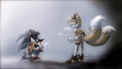 Size: 2048x1168 | Tagged: safe, artist:twisted-wind, miles "tails" prower, sonic the hedgehog, alternate outfit, belt, blood, boots, buckle, gender swap, goggles, hand on knee, implied fight, long socks, looking at each other, mouth open, scratches, shocked, sneakers, socks, twisted sonic, twisted tails, two tails