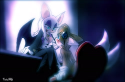 Size: 2048x1354 | Tagged: suggestive, artist:twisted-wind, miles "tails" prower, rouge the bat, blue eyes, blushing, chair, desk, eyeshadow, gender swap, goggles, half r63 shipping, hand on chin, large ears, lesbian, lidded eyes, lipstick, looking at each other, shipping, signature, sitting, tailouge, twisted tails, two tails