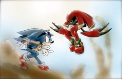 Size: 1821x1177 | Tagged: safe, artist:twisted-wind, sonic the hedgehog, angry, black sclera, claws, clenched teeth, dust clouds, fight, flying, gloves, green pupils, looking at each other, metal knuckles, necklace, red shoes, redesign, robot, sneakers, sunglasses, twisted sonic
