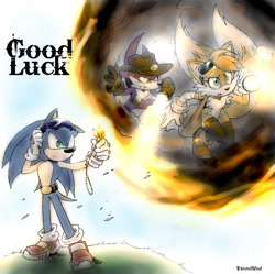 Size: 1463x1455 | Tagged: dead source, safe, artist:twisted-wind, miles "tails" prower, nack the weasel, sonic the hedgehog, bag, bandage, belt, boots, brown gloves, buckle, cave, fangs, flashlight, frown, gender swap, gloves, goggles, grass, hat, long socks, looking offscreen, mouth open, necklace, redesign, signature, socks, sunglasses, text, twisted sonic, twisted tails, two tails