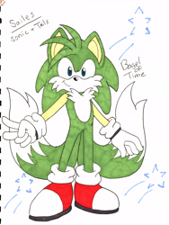 Size: 4316x5732 | Tagged: safe, artist:bageloftime, oc, oc:sailes the hedgefox, black bands, fusion, fusion:sonic, fusion:tails, green fur, hedgefox, looking at viewer, peach arms, peach fur, red shoes, red sneakers, simple background, smile, sneakers, solo, standing, star (symbol), traditional media, turquoise eyes, two tails, v sign, white background, white fur, white gloves, white socks, white tipped shoes, white tipped tail
