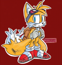 Size: 1280x1323 | Tagged: safe, artist:~ares~, miles "tails" prower, sonic forces, abstract background, backpack, frown, gloves, goggles, grey gloves, looking at viewer, outline, redesign, ring, scratches, sneakers, socks, solo, torn shoes, torn socks, two tails