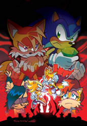 Size: 1095x1587 | Tagged: safe, artist:herms85, miles "tails" prower, nicole the hololynx, sally acorn, sonic the hedgehog, super sonic, super tails, alignment swap, angry, cape, chaos emerald, chaos emeralds, clenched fists, comic cover, evil, evil tails, evil vs good, fight, flying, frown, glowing eyes, gradient background, looking at each other, looking up, sad, signature, super form, torn cape, two tails