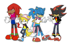 Size: 756x468 | Tagged: safe, artist:nannelflannel, knuckles the echidna, miles "tails" prower, shadow the hedgehog, sonic the hedgehog, agender pride, bisexual pride, blue shoes, cape, clenched teeth, demisexual pride, eyes closed, gay pride, gloves, green socks, happy, hat, jacket, lidded eyes, looking down, outline, pansexual pride, pants, pointing, pride, shirt, shorts, simple background, smile, sneakers, socks, trans pride, transparent background, white tipped shoes
