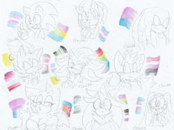 Size: 1024x763 | Tagged: safe, artist:luucalio, amy rose, blaze the cat, cream the rabbit, knuckles the echidna, miles "tails" prower, rouge the bat, shadow the hedgehog, silver the hedgehog, sonic the hedgehog, agender pride, arms folded, asexual pride, bisexual pride, blowing a kiss, demisexual pride, eyes closed, frown, gay pride, genderfluid pride, happy, intersex pride, lesbian pride, lidded eyes, looking offscreen, mouth open, pansexual pride, pencilwork, polyamorous pride, pride, trans pride, wink