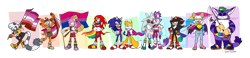 Size: 1280x297 | Tagged: safe, artist:survivalstep, amy rose, big the cat, blaze the cat, froggy, knuckles the echidna, miles "tails" prower, rouge the bat, shadow the hedgehog, silver the hedgehog, sonic the hedgehog, sticks the badger, tangle the lemur, abstract background, asexual pride, bandana, belt, bisexual pride, blushing, bow, cape, earring, eyes closed, eyeshadow, facepaint, fishing pole, flag, frown, gay pride, gloves, hand on hip, headband, lesbian pride, lidded eyes, looking at viewer, pansexual pride, pride, semi-transparent background, shirt, signature, smile, socks, sunglasses, trans pride, wall of tags