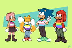 Size: 1200x800 | Tagged: safe, artist:zenka, amy rose, knuckles the echidna, miles "tails" prower, sonic the hedgehog, alternate outfit, boots, clenched teeth, eyes closed, gay pride, gloves, hand on hip, lesbian pride, looking offscreen, nonbinary pride, pants, pride, shirt, skirt, smile, trans pride, two tails, white tipped shoes, wink