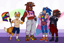 Size: 2048x1365 | Tagged: safe, artist:alittleminish, knuckles the echidna, miles "tails" prower, shadow the hedgehog, sonic the hedgehog, arms folded, asexual pride, belt, bisexual pride, bracelet, brown gloves, cape, chipped ear, demisexual pride, ear fluff, earring, facepaint, fangs, flag, gay pride, genderqueer pride, gloves, hand in pocket, happy, hat, holding hands, jacket, looking at each other, nonbinary pride, pants, pride, redesign, shirt, shorts, signature, smile, socks, trans pride, white gloves
