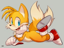 Size: 1190x895 | Tagged: safe, artist:dandimango, miles "tails" prower, blue eyes, blushing, grey background, hand on cheek, happy, looking at viewer, mouth open, signature, simple background, smile, solo, two tails, underwear, yellow fur